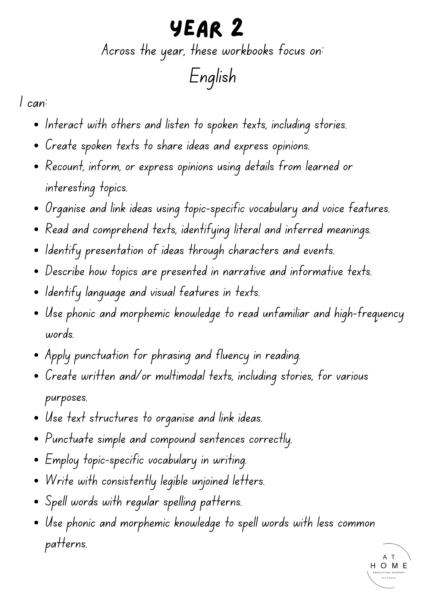 Year 2 (QLD/VIC/WA/TAS/SA/NSW/ACT) Homeschooling Workbook