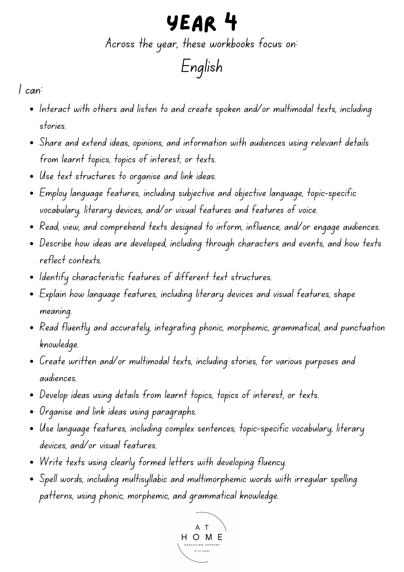 Year 4 (QLD/VIC/WA/TAS/SA/NSW/ACT) Homeschooling Workbook