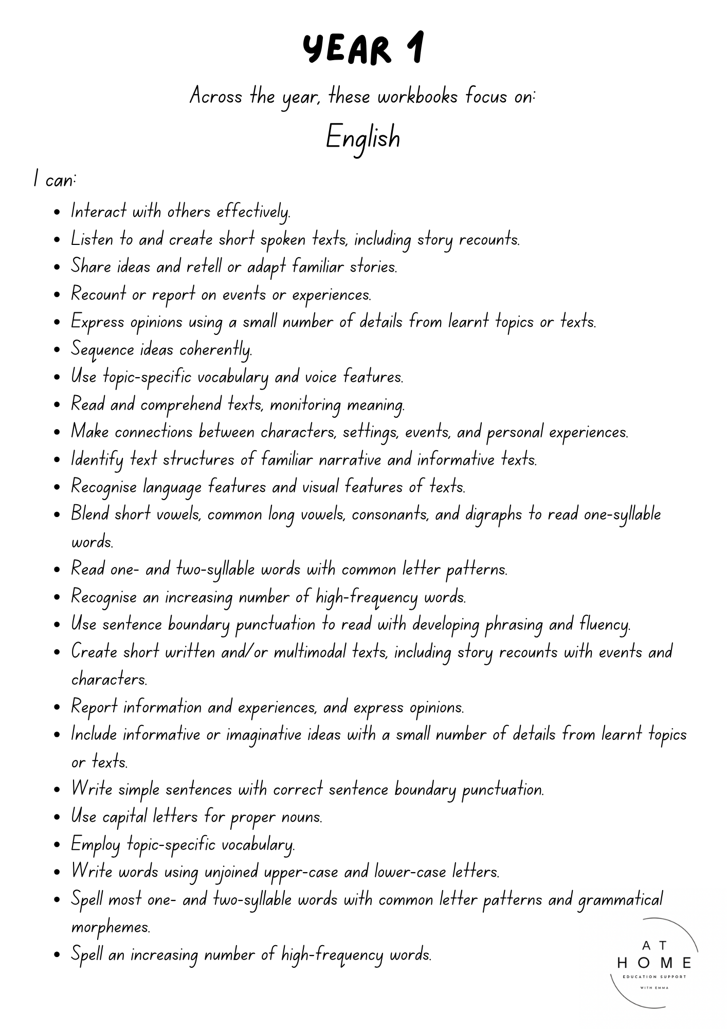 Year 1 (QLD/VIC/WA/TAS/SA/NSW/ACT) Homeschooling Workbook