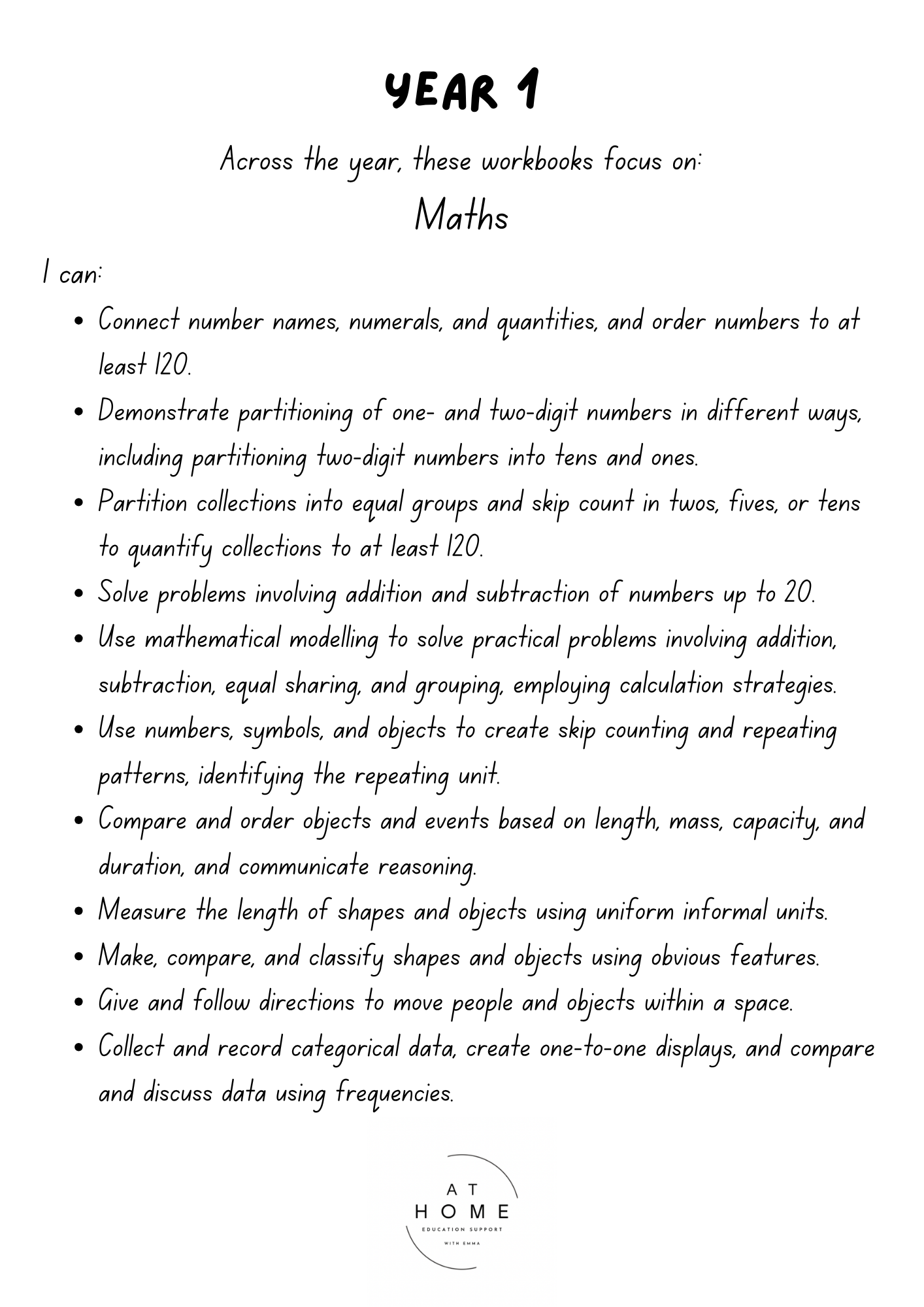 Year 1 (QLD/VIC/WA/TAS/SA/NSW/ACT) Homeschooling Workbook
