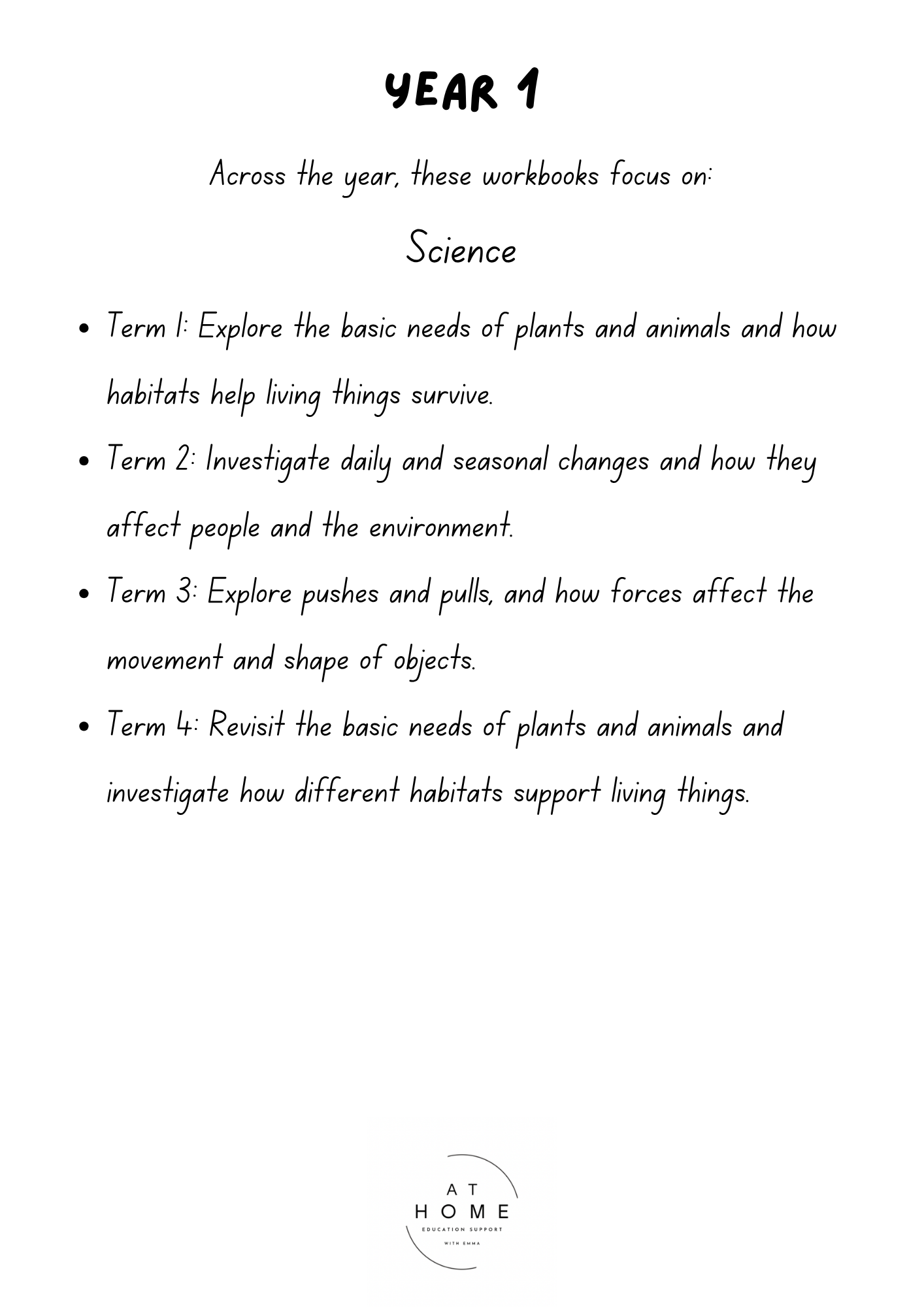 Year 1 (QLD/VIC/WA/TAS/SA/NSW/ACT) Homeschooling Workbook