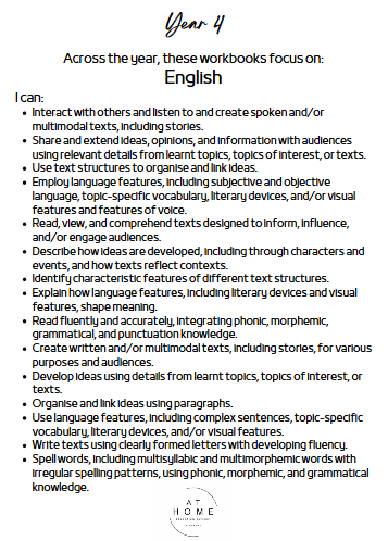 Year 4 (QLD/VIC/WA/TAS/SA/NSW/ACT) Homeschooling Workbook