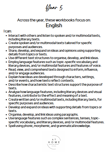 Year 5 (QLD/VIC/WA/TAS/SA/NSW/ACT) Homeschooling Workbook