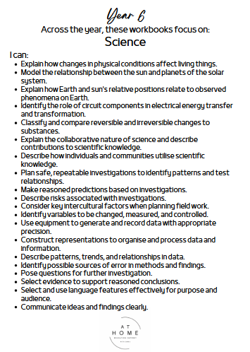 Year 6 (QLD/VIC/WA/TAS/SA/NSW/ACT) Homeschooling Workbook